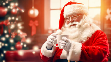 Christmas card. Portrait of cute smiling Santa Claus resting with cup of hot coffee in christmas holiday decoration cafe. Happy New Year and Merry Christmas concept. Copy space