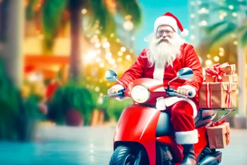 Fotobehang Scooter Winter holiday card with Santa Claus riding with gift box vintage scooter on blurred Miami background with palm trees. Rider Santa in Christmas day. Santa riding scooter to give gift. Copy space