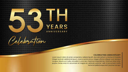 53th anniversary template design in gold color isolated on a black and gold texture background, vector template