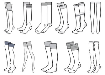 Set of Full length Socks and stockings flat sketch fashion illustration drawing template mock up, Knee length socks cad drawing for unisex men's and women's, Tights socks hosiery drawing