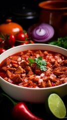large ceramic bowl of menudo with visible ingredients including tripe, chilli, and lime