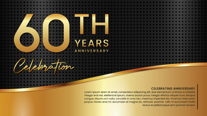 60th anniversary template design in gold color isolated on a black and gold texture background, vector template