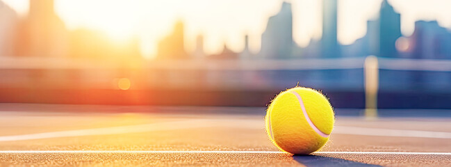Tennis banner with yellow tennis ball on blurred sunset New York cityscape background. Summer tennis competition. Tennis background. Concept of Healthy sport. Banner size, copy space