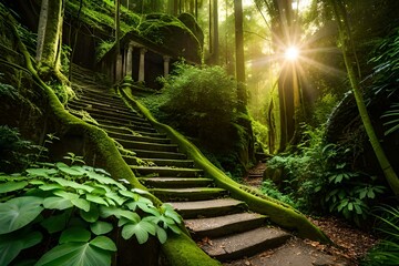 A staircase made up of rocks nestled in a lush jungle - AI Generative