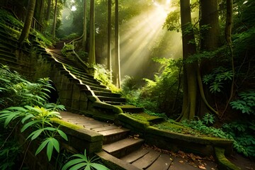 A natural staircase made up of rocks in a jungle - AI Generative