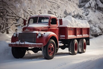 Vibrant Red Truck Equipped with Snow Plow. AI