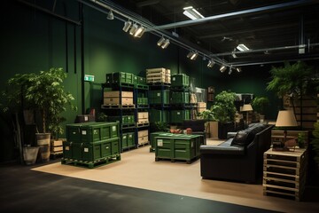 Organized Warehouse with Pallets and Green Storage Boxes. AI