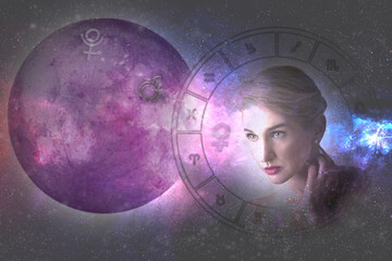 Imagen de mujer, luna llena, carta astral y símbolos astrológicos. Horóscopo, predicciones,...