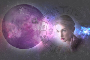 Imagen de mujer, luna llena, carta astral y símbolos astrológicos. Horóscopo, predicciones,...