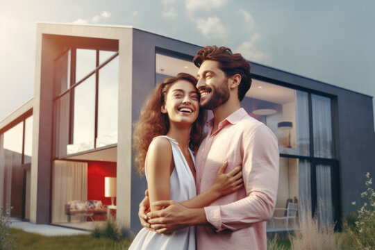Happy couple next to the new build or purchased house Generative AI