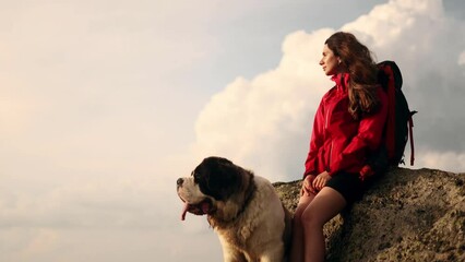Cute shot of pretty woman with a dog saint bernard sitting on the peak and enjoying beautiful mountains view and cloudy sky together Animals and human friendship. High quality 4k footage