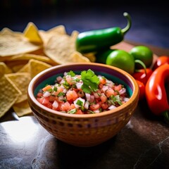 Pico de Gallo prepared with ripe tomatoes, onions, green peppers, cilantro, and a splash of lime juice, served in a ceramic bowl, with colorful tortilla chips on the side