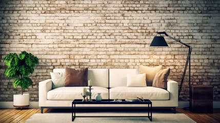 3D render Artistic Interiors- Enhancing Spaces with Mock-Up Posters, Brick Textures, and Relaxation with Sofa Designs