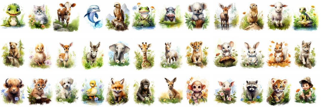 cute and happy fantasy baby animals in nature clipart On a white background 