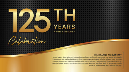 125th anniversary template design in gold color isolated on a black and gold texture background, vector template