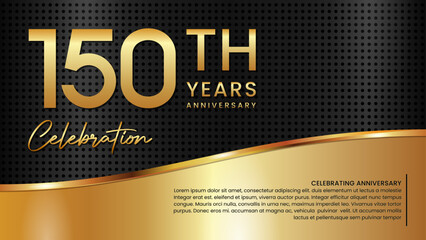 150th anniversary template design in gold color isolated on a black and gold texture background, vector template