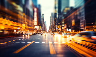 An artistic depiction of a city with a defocused modern cityscape, featuring an empty road lined...