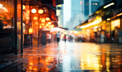 An artistic depiction of a city with a defocused modern cityscape, featuring an empty road lined with illuminated buildings creating a beautifully blurred background.