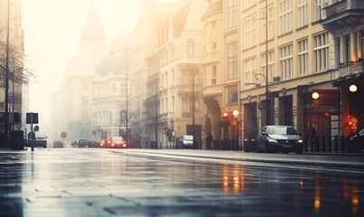 Naklejka premium An illustration of a cityscape with a defocused, contemporary ambiance. The blurred background showcases an empty road adorned with radiant lights and towering buildings.