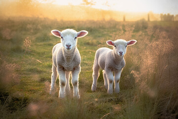 Two young lamb sheep on spring meadow looking curious into camera, nice warm afternoon sunlight...