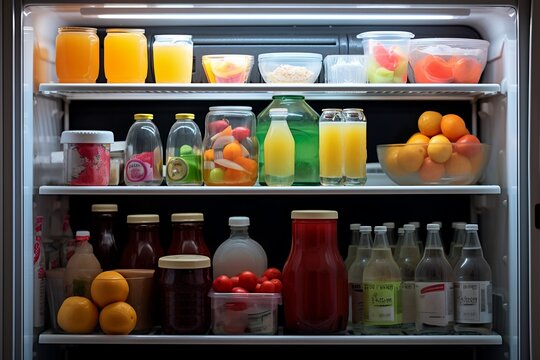 Variety of Products on Refrigerator Shelves. AI