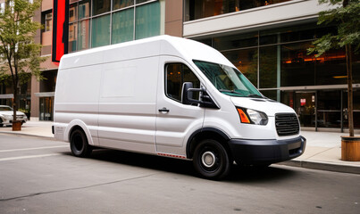 Van on the city road. Commercial delivery truck in action. Mock-up for cargo company - Powered by Adobe