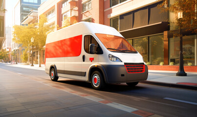 Fototapeta premium A van maneuvers through the bustling city streets as a commercial delivery truck showcases its services, serving as a remarkable mock-up for a reputable cargo company