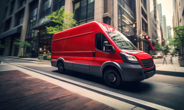 A van maneuvers through the bustling city streets as a commercial delivery truck showcases its services, serving as a remarkable mock-up for a reputable cargo company