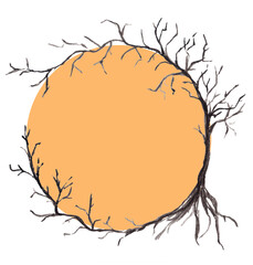 Hand drawn watercolor round frame with black creepy tree without leaves with copy space in the middle on orange background.Isolated