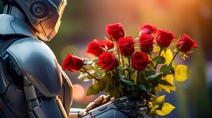 valentines day, robot with a bouquet of flowers, red roses, gift to celebrate, made with Generative AI