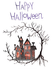Hand drawn autumn season halloween party card with dark grey black haunted castle home and lighted windows on background with tree without leaves and handwritten words 