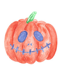 Hand drawnr watercolor funny creepy carved orange pumpkin with spooky eyes and smile.Jack-o-lantern for halloween party isolated on white background