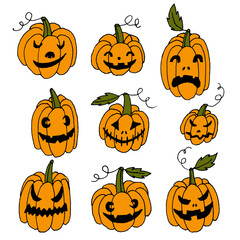 Set of hand drawn line art halloween holiday pumpkins with different shaped, creepy spooky eyes, smiles and leaves isolated on white.Web design elements for print,autumn decor.
