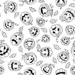 Line art autumn holiday halloween seamless pattern with different black pumpkins with creepy spooky eyes and smiles.Fall background in white color.Print cards, invitation, design elements.