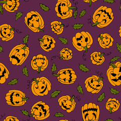 Line art autumn holiday halloween seamless pattern with different orange pumpkins with creepy spooky eyes and smiles.Fall background in burgundy color.Print cards, invitation, design elements.
