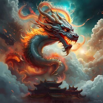  Chinese dragons in the sky above clouds