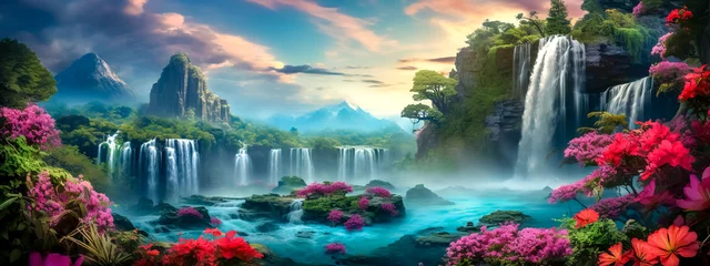 Fototapete Feenwald a magical waterfall in a wonderfully fantastic flowering landscape, banner made with Generative AI