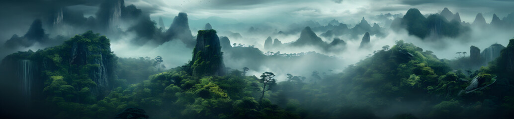 Nebelige Landschaft im Dschungel. Nebel- und Wolkengebirgstropische Tallandschaft. Luftaufnahme, weites, nebliges Panorama Generative Ai - obrazy, fototapety, plakaty