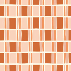 Hand-Drawn Earthy Orange and Brown Geometric Checks Vector Seamless Pattern. Modern Retro Palyful Print. Organic Square Shapes