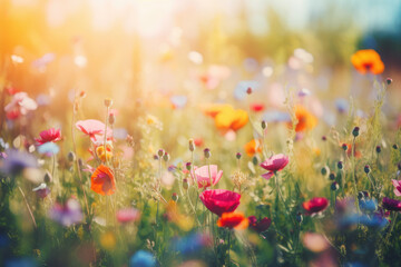 Colorful flower meadow with sunbeams and blue sky and bokeh lights in summer - nature background banner with copy space - summer greeting card wildflowers spring concept