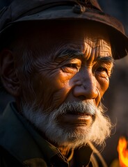 A closeup of an Asian old man's face illuminated by the light of a fire