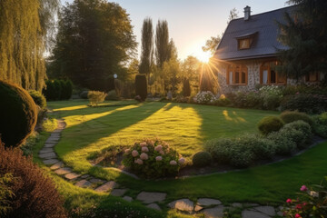 Obraz premium Beautiful manicured lawn and flowerbed with deciduous shrubs on private plot and track to house against backlit bright warm sunset evening light on background. Soft focusing in foreground