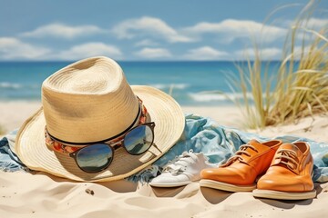 Summer Vibes: Sandy Beach, Straw Hat, and Blanket. AI