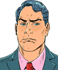 The boss looks at your actions at work. An attentive employee of the company monitors security measures. A man in a suit is watching. Pop Art Retro