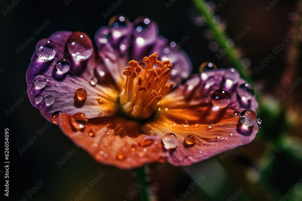 Wall mural flower with dew dop - beautiful macro photography with abstract bokeh background