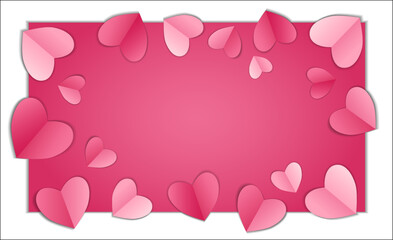 Valentines day background with copy space, vector illustration. 3d red, pink, white colors hearts on pink background, banner. Valentines day card