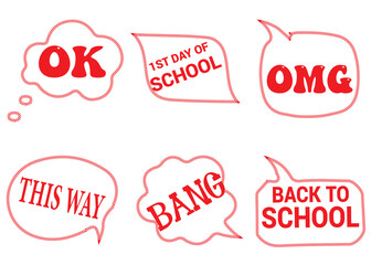 Back to School in comic speech bubbles, pop art style. Education concept. Comic dialog cloud, space cartoon. Set memphis school comic bubble halftone dot. Creative idea conversation explosion balloon