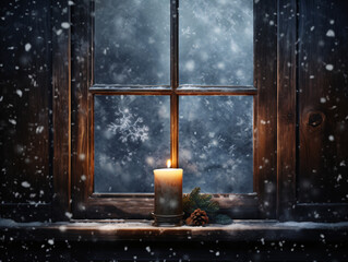 Lit candle placed in a glass vase on a window sill surrounded by snowflakes that fall outside the window, adding to the wintry ambiance.