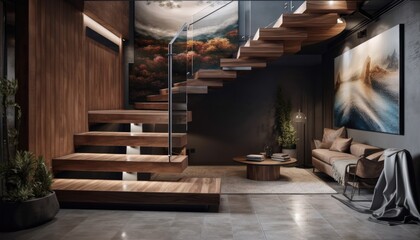 Modern wooden staircase at home. Interior design concept