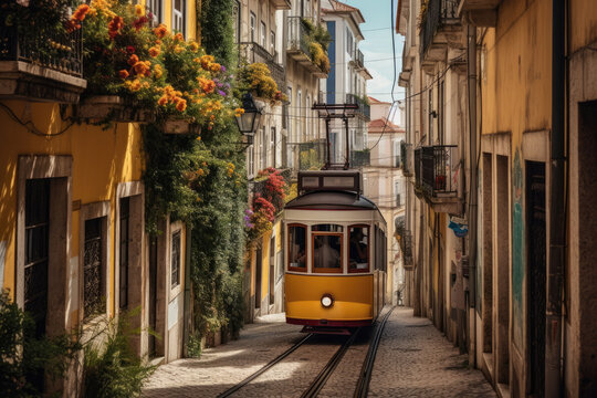 Lisbon, Portugal - Yellow tram on a street with colorful houses and flowers on the balconies - Bica Elevator going down the hill of Chiado.